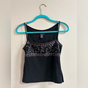 BCBG Maxazria Vintage Y2K Floral Embroidery Black Cami Tank Top Whimsigoth